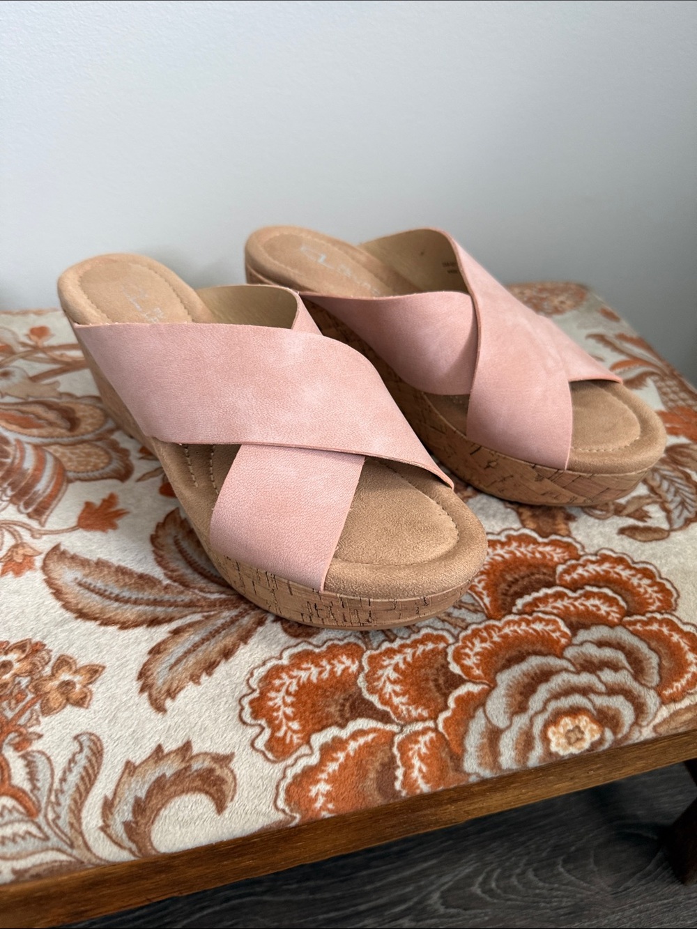 CL by Laundry Dusty Pink Crisscross Cork Strap Style Wedge Slides